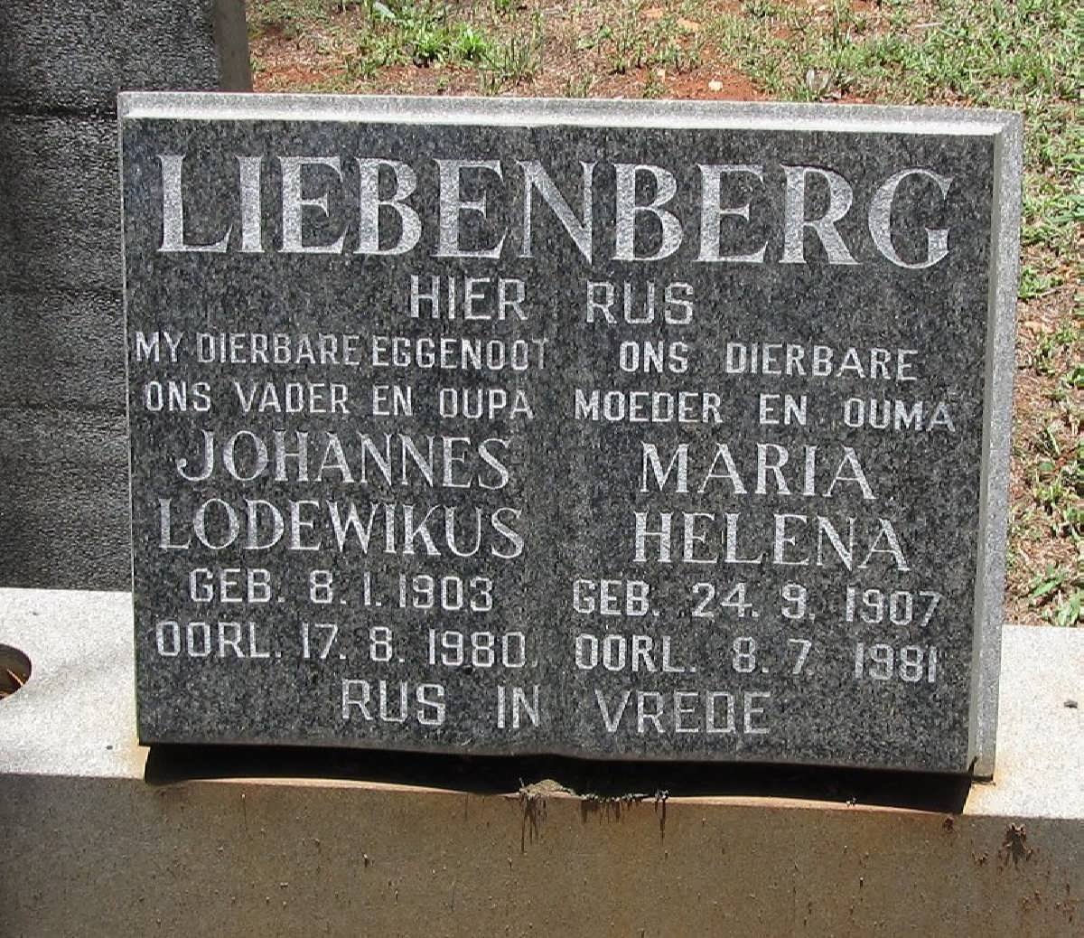 LIEBENBERG Johannes Lodewikus 1903-1980 &amp; Maria Helena 1907-1981