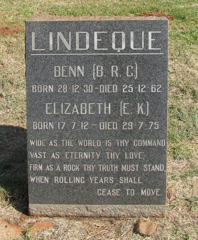 LINDEQUE Benn R.G. 1930-1962 &amp; Elizabeth K. 1912-1975