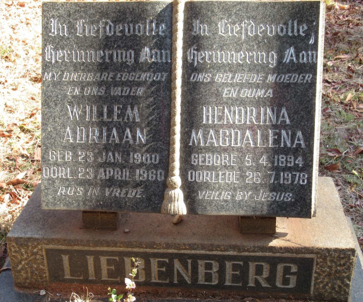 LIEBENBERG Willem Adriaan 1900-1960 &amp; Hendrina Magdalena 1894-1978