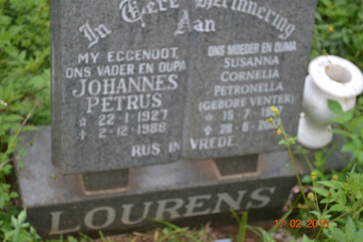 LOURENS Johannes Petrus 1927-1988 &amp; Susanna Cornelia Petronella VENTER 19?7-200?
