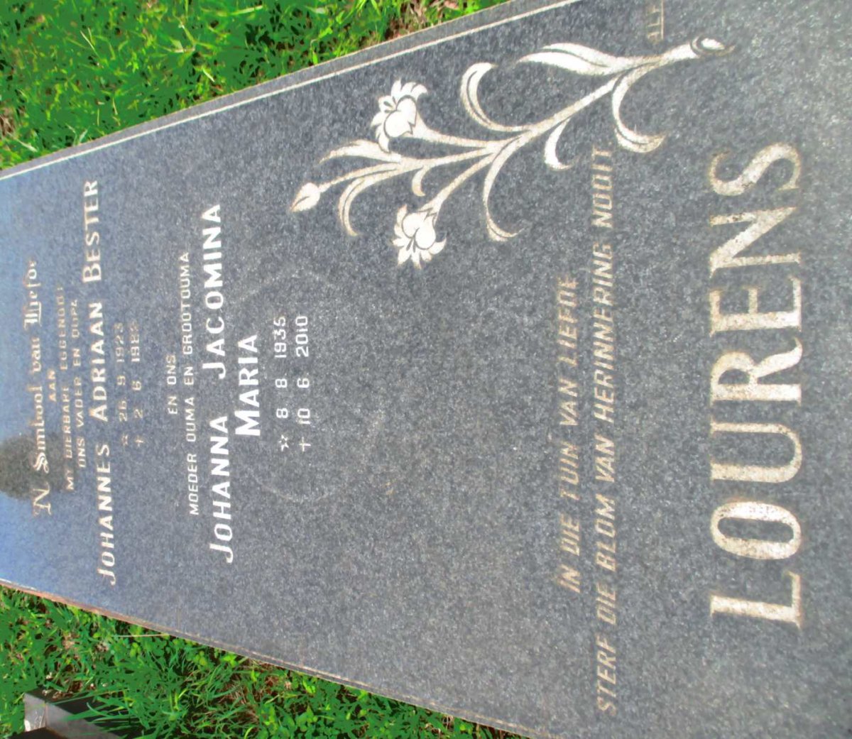 LOURENS Johannes Adriaan Bester 1923-1982 &amp; Johanna Jacomina Maria 1935-2010