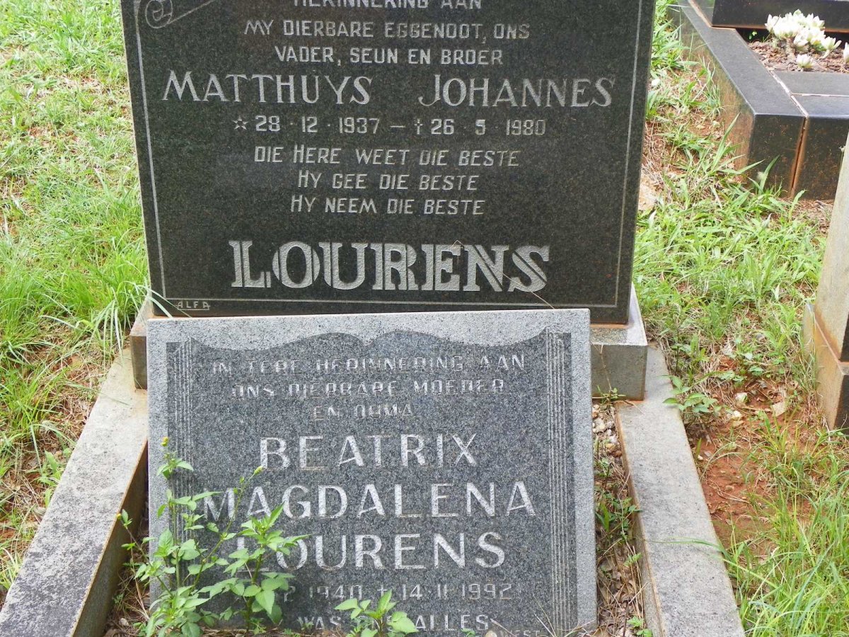 LOURENS Matthuys Johannes 1937-1980 &amp; Beatrix Magdalena 1940-1992