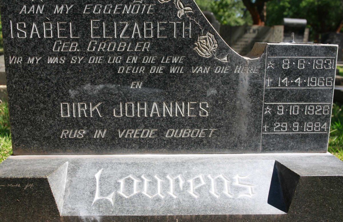 LOURENS Dirk Johannes 1926-1984 &amp; Isabel Elizabeth GROBLER 1931-1966