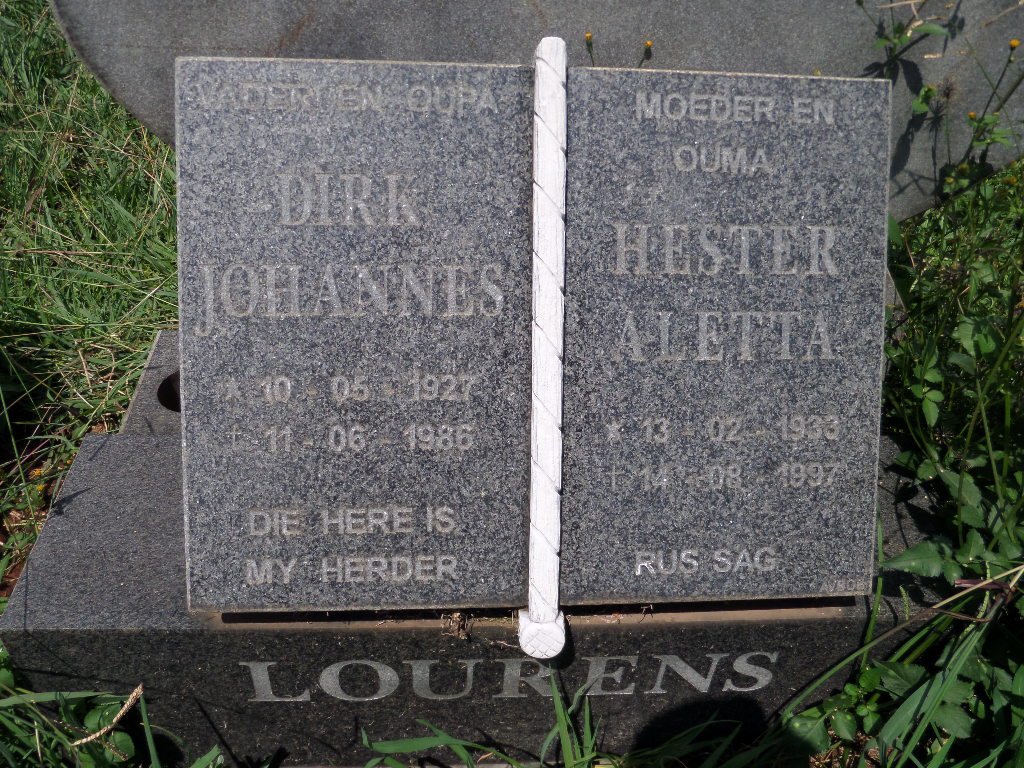 LOURENS Dirk Johannes 1927-1986 &amp; Hester Aletta 1933-1997