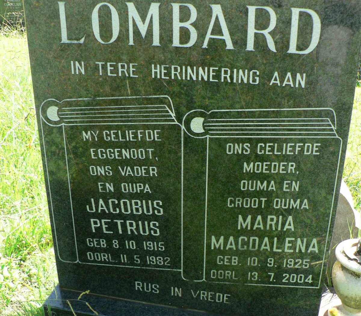 LOMBARD Jacobus Petrus 1915-1982 &amp; Maria Magdalena 1925-2004