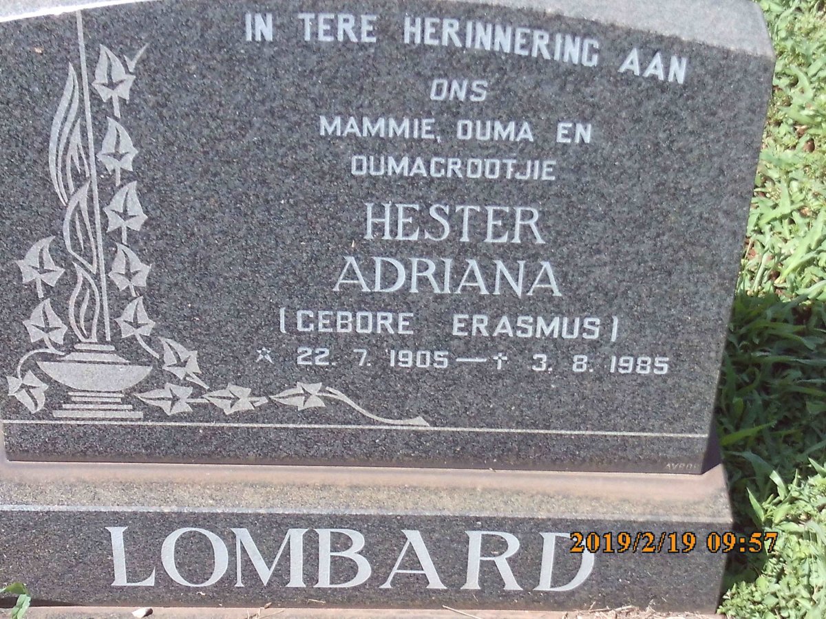 LOMBARD Hester Adriana nee ERASMUS 1905-1985