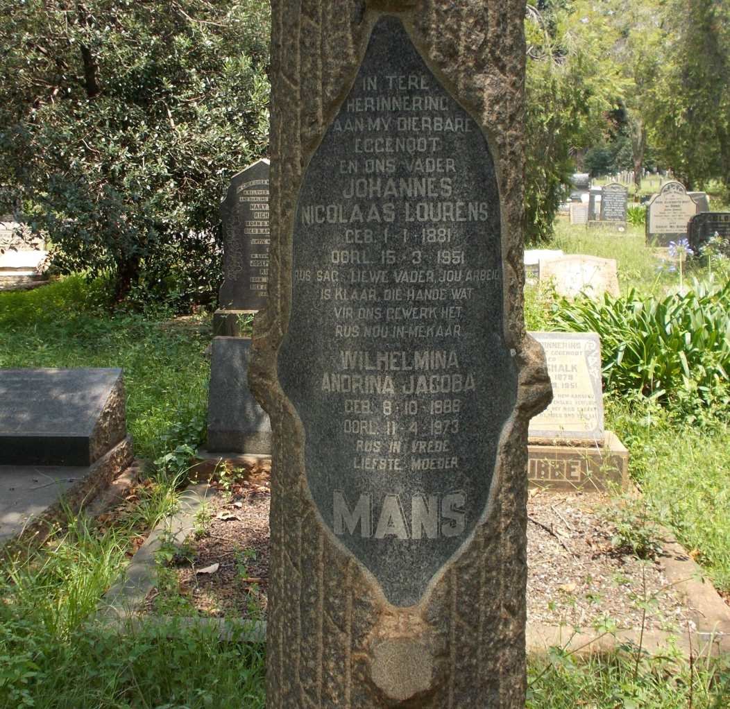 MANS Johannes Nicolaas Lourens 1881-1951 &amp; Wilhelmina Andrina Jacoba 1886-1973