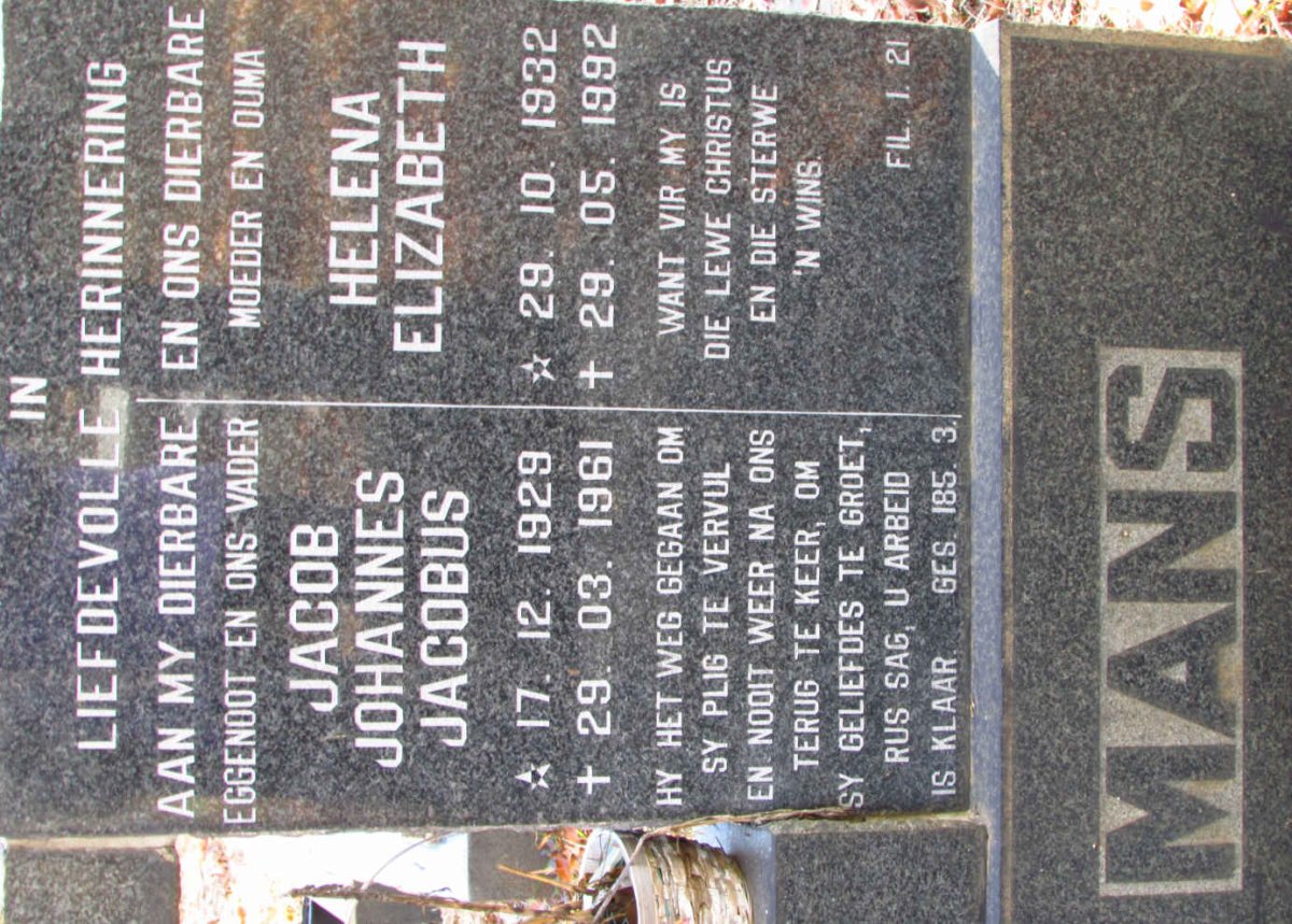MANS Jacob Johannes Jacobus 1929-1961 &amp; Helena Elizabeth 1932-1992