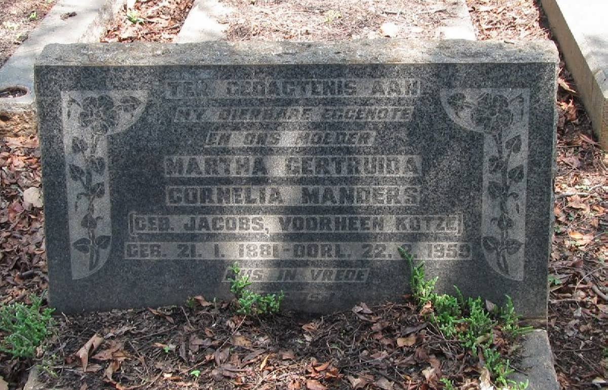 MANDERS Martha Gertruida Cornelia previously KOTZE nee JACOBS 1881-1959