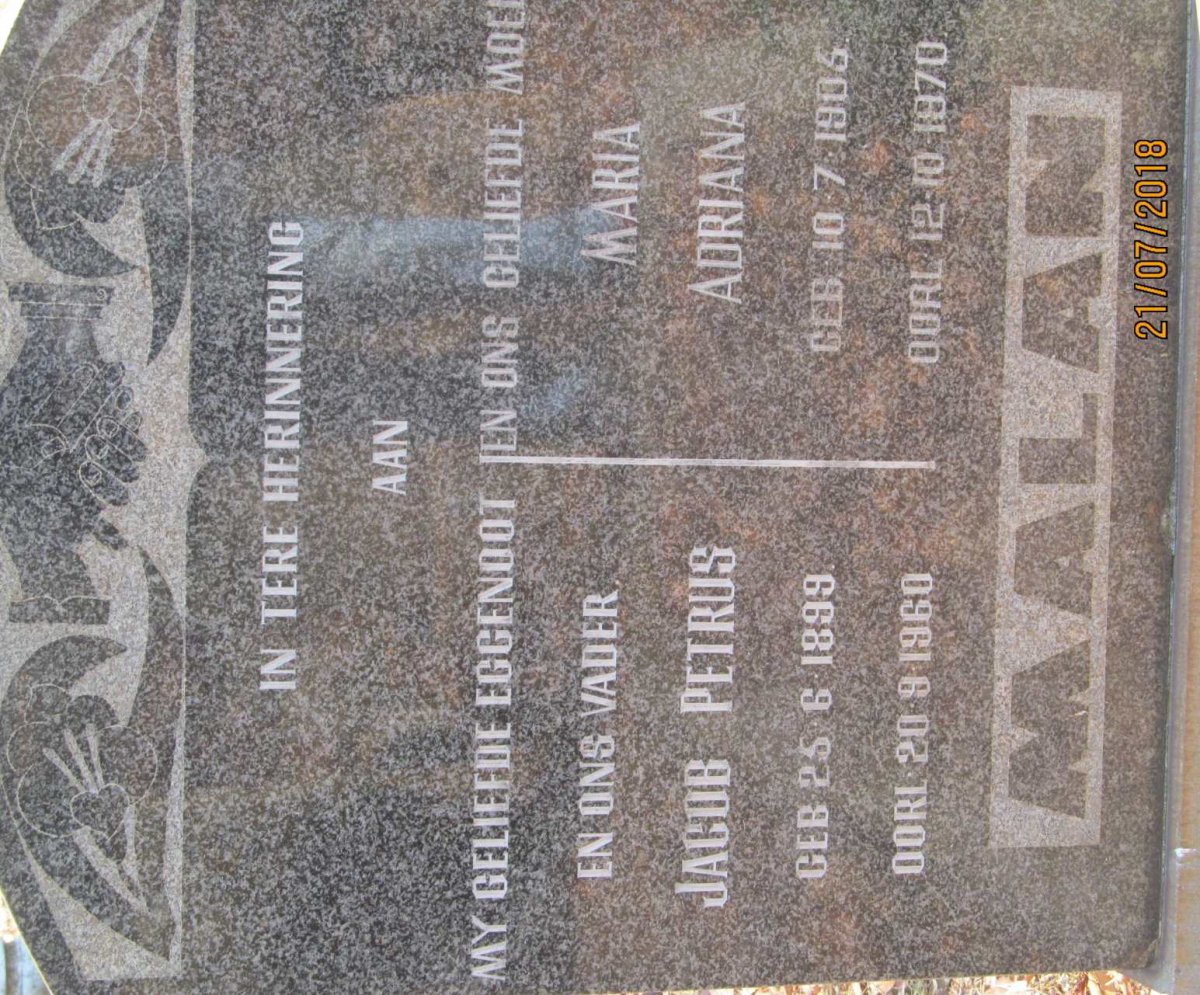 MALAN Jacob Petrus 1899-1960 &amp; Maria Adriana 1905-1970