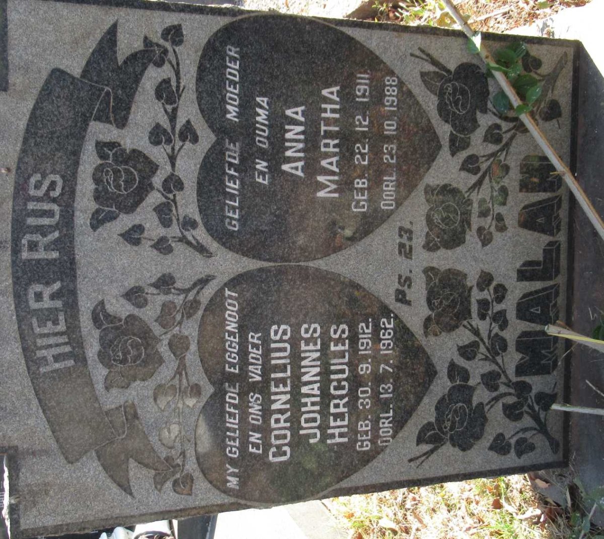 MALAN Cornelius Johannes Hercules 1912-1962 &amp; Anna Martha 1911-1988