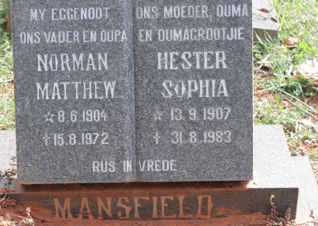 MANSFIELD Norman Matthew 1904-1972 &amp; Hester Sophia 1907-1983