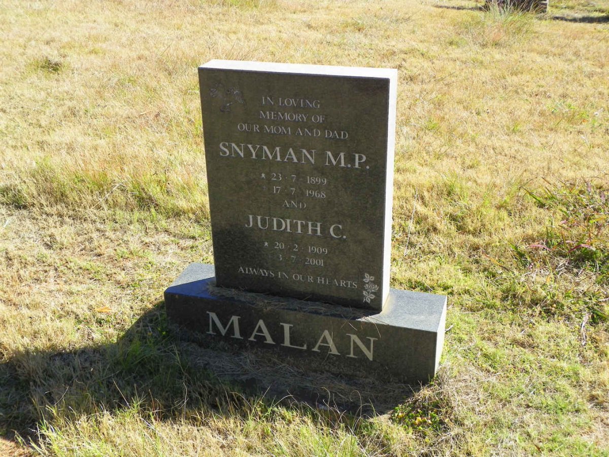 MALAN Snyman M.P. 1899-1968 &amp; Judith C. 1909-2001