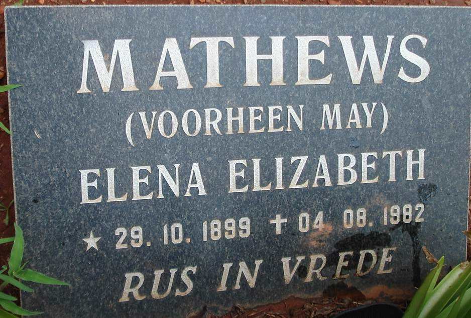 MATHEWS Elena Elizabeth 1899-1982 voorheen MAY