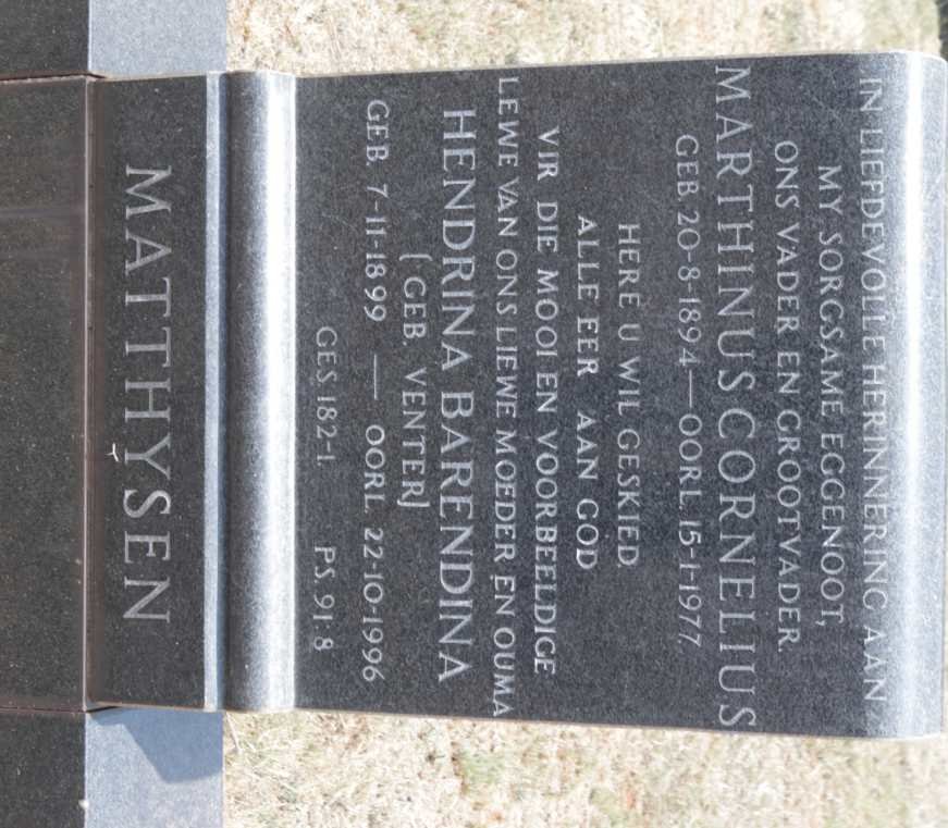 MATTHYSEN Marthinus Cornelius 1894-1977 &amp; Hendrina Barendina  VENTER 1899-1996