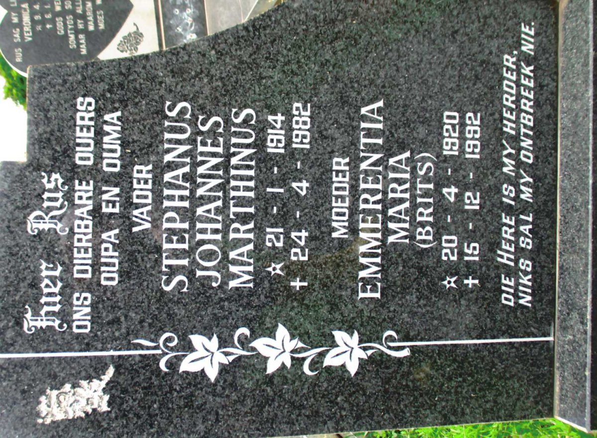 MARX Stephanus Johannes Marthinus 1914-1982 &amp; Emmerentia Maria BRITS 1920-1992 :: MARX Johanna Elizabeth 1950-2009