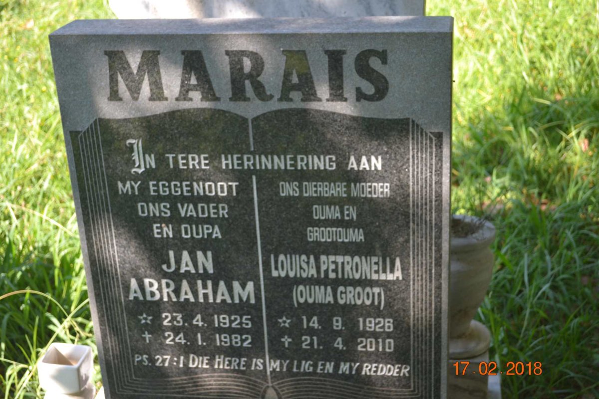 MARAIS Jan Abraham 1925-1982 &amp; Louisa Petronella 1926-2010