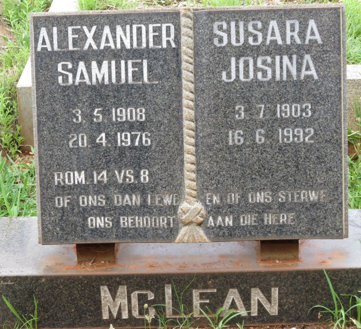 McLEAN Alexander Samuel 1908-1976 &amp; Susara Josina 1903-1992