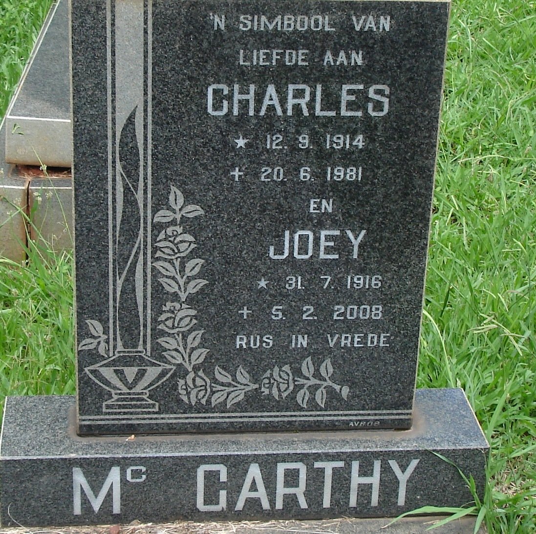 McCARTHY Charles 1914-1981 &amp; Joey 1916-2008