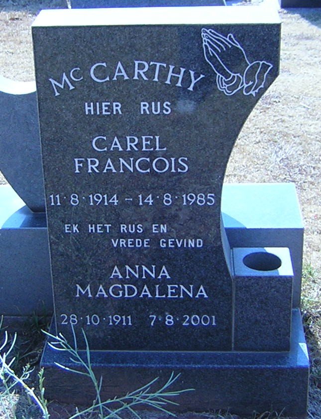 McCARTHY Carel Francois 1914-1985 &amp; Anna Magdalena 1911-2001