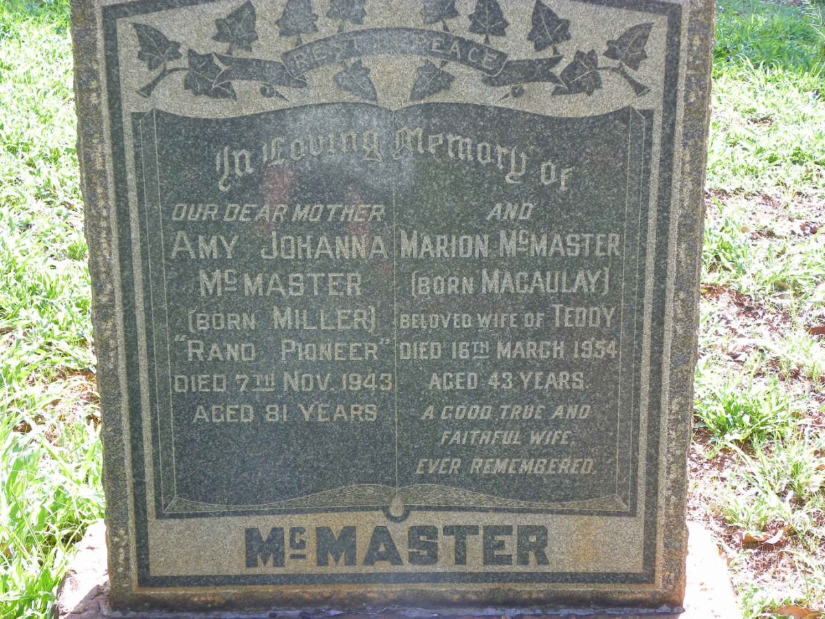 McMASTER Amy Johanna nee MILLER -1943 :: McMASTER Marion nee MACAULAY -1954