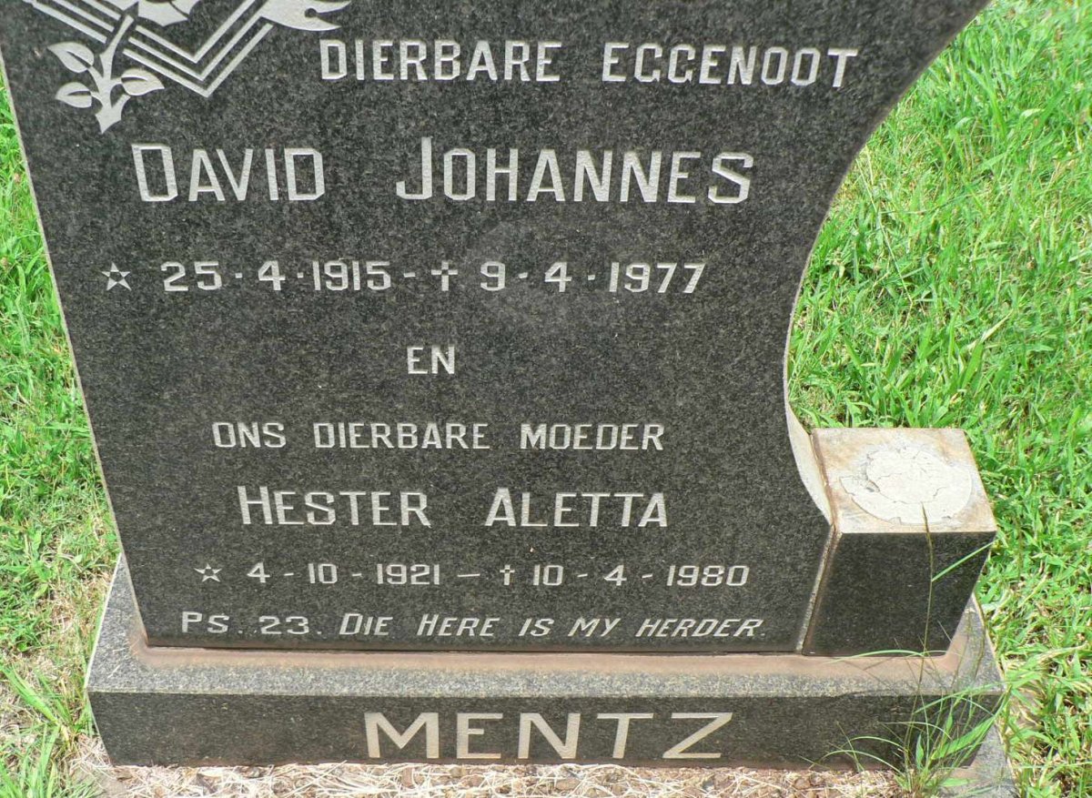 MENTZ David Johannes 1915-1977 &amp; Hester Aletta 1921-1980
