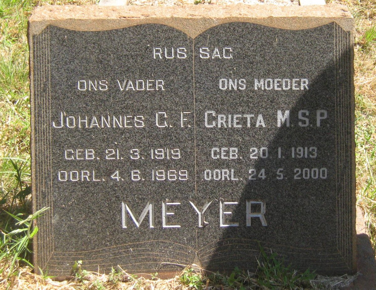 MEYER Johannes G.F. 1919-1969 &amp; Grieta M.S.P. 1913-2000