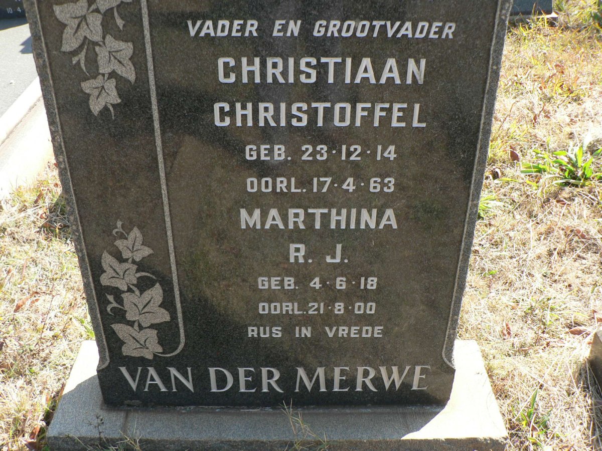 MERWE Christiaan Christoffel, van der 1914-1963 &amp; Marthina R.J. 1918-2000