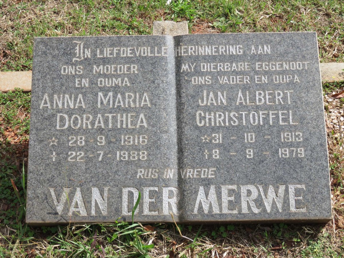MERWE Jan Albert Christoffel, van der 1913-1979 &amp; Anna Maria Dorathea 1916-1988