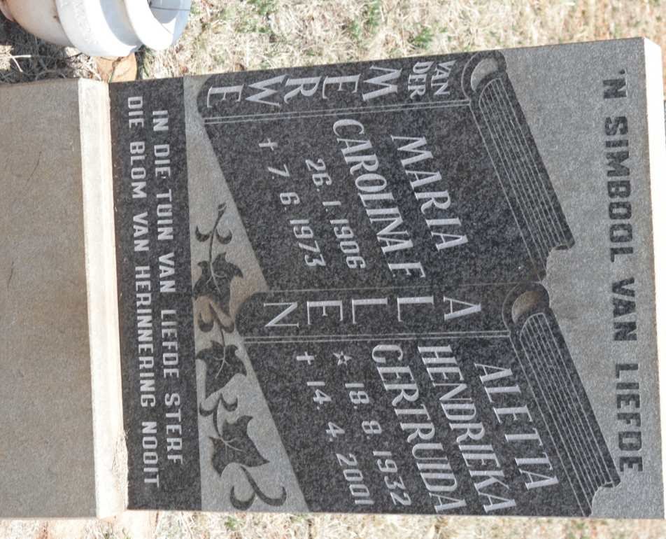 MERWE Maria Carolina F., van der 1906-1973 :: ALLEN Aletta Hendrieka Gertruida 1932-2001