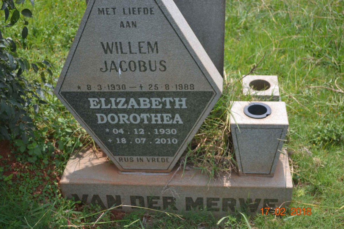 MERWE Willem Jacobus, van der 1930-1988 &amp; Elizabeth Dorothea 1930-2010