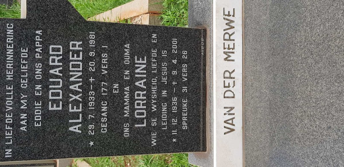 MERWE Eduard Alexander, van der 1933-1981 &amp; Lorraine 1936-2001