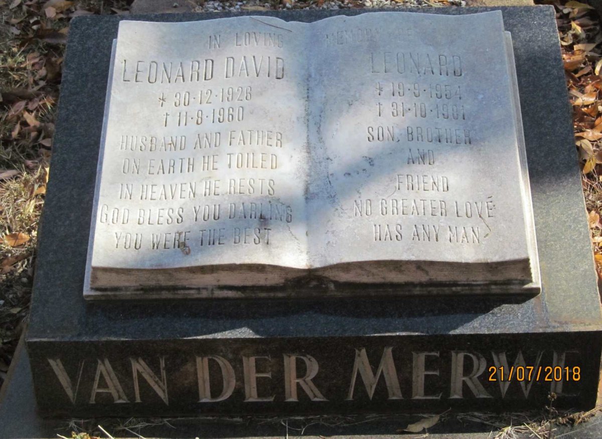 MERWE Leonard David, van der 1926-1960 :: VAN DER MERWE Leonard 1954-1981