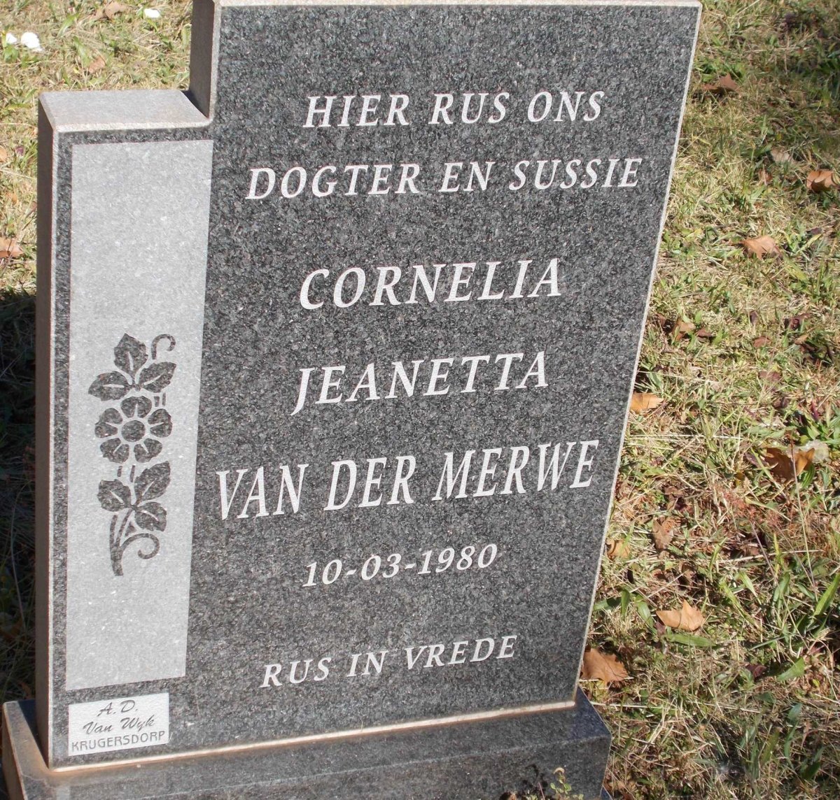 MERWE Cornelia Jeanetta, van der -1980