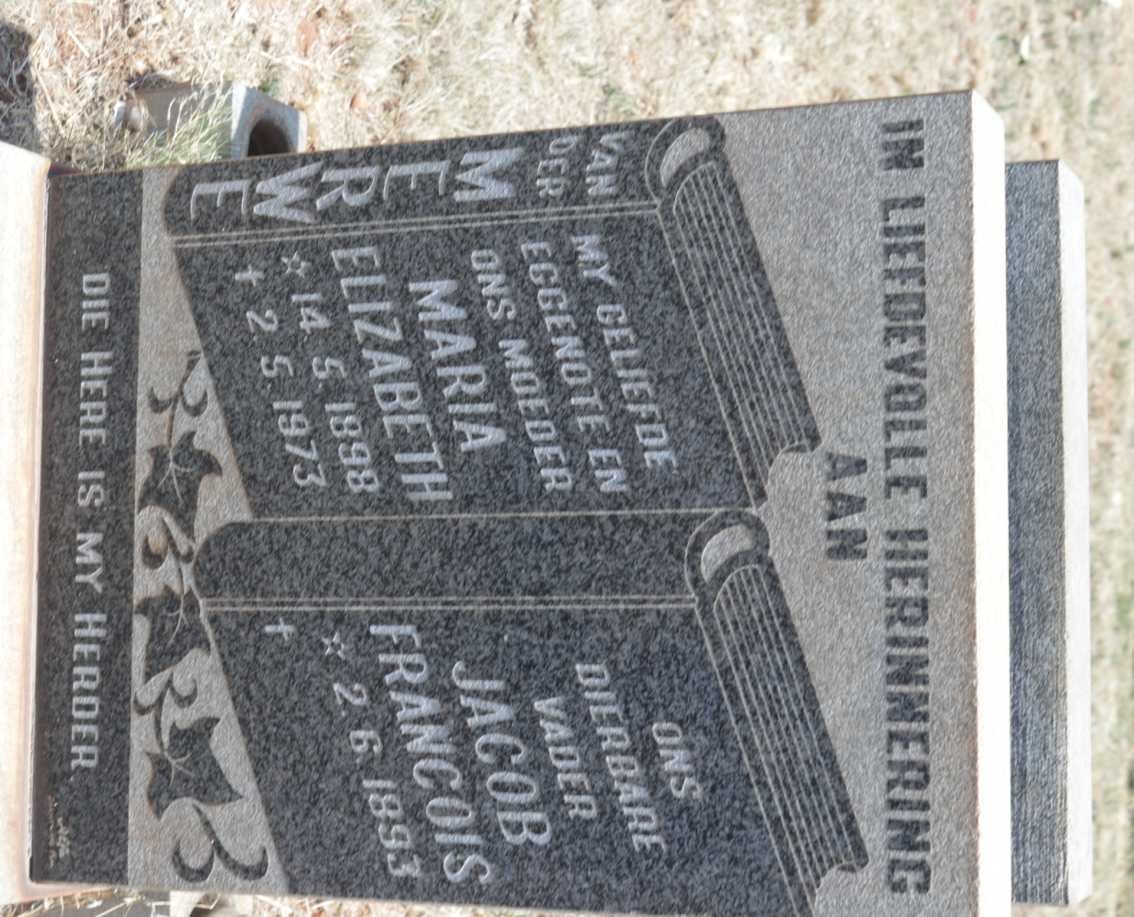 MERWE Jacob Francois, van der 1893-  &amp; Maria Elizabeth 1898-1973