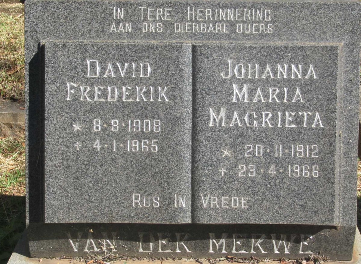 MERWE David Frederik, van der 1908-1965 &amp; Johanna Maria Magrieta 1912-1966