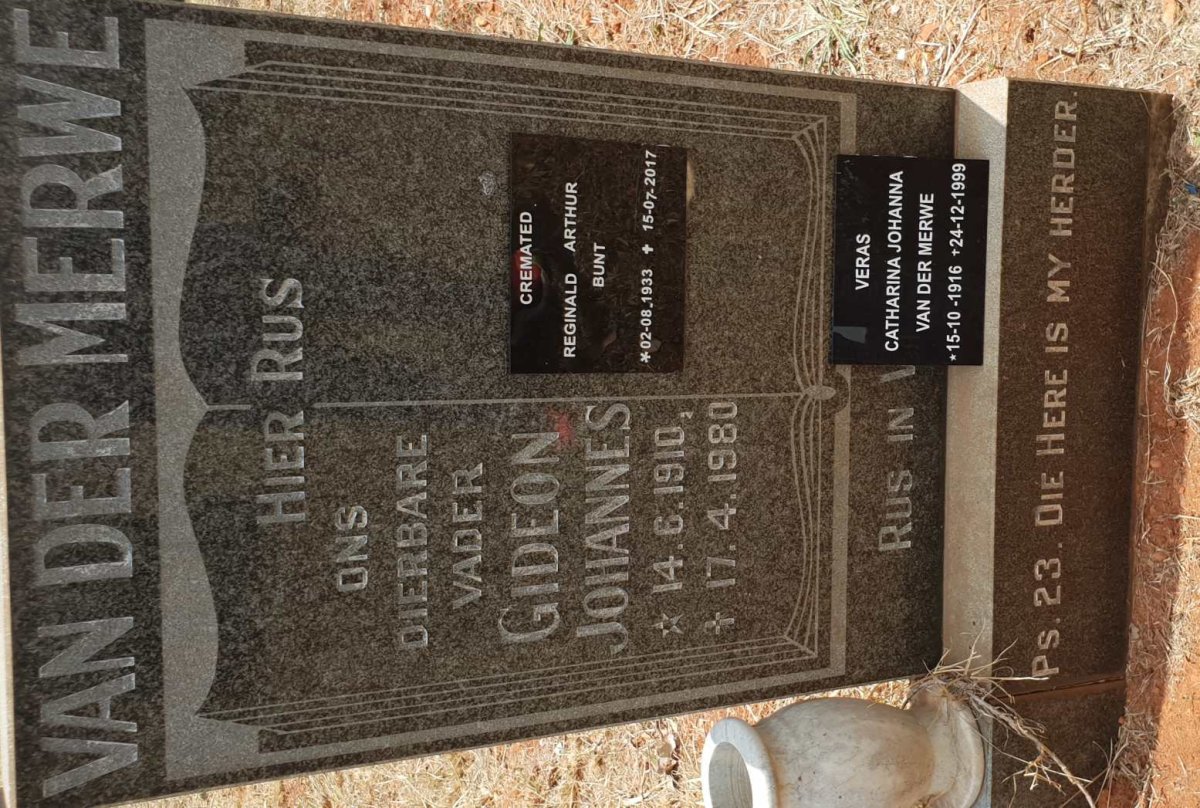 MERWE Gideon Johannes, van der 1910-1980 &amp; Catharina Johanna 1916-1999 :: BUNT Reginald Arthur 1933-2017