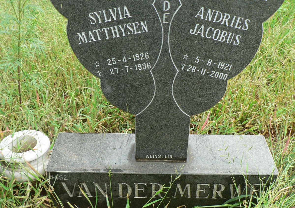 MERWE Andries Jacobus, van der 1921-2000 &amp; Sylvia Matthysen 1926-1996