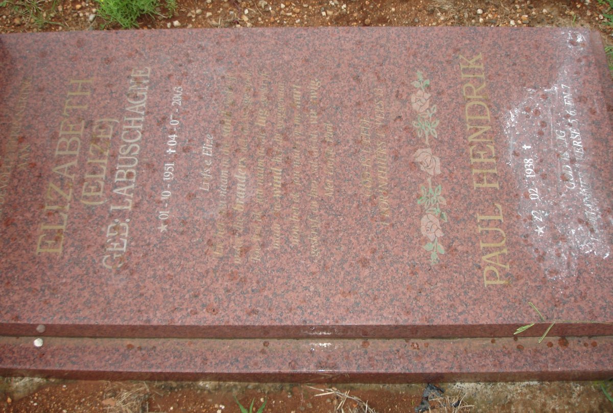 MERWE Paul Hendrik, van der 1938- &amp; Elizabeth LABUSCHAGNE 1951-2003