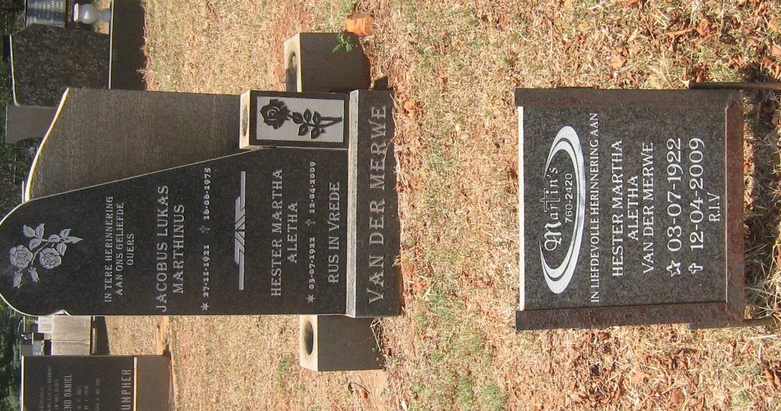 MERWE Jacobus Lukas Marthinus, van der 1921-1975 &amp; Hester Martha Aletha 1922-2009