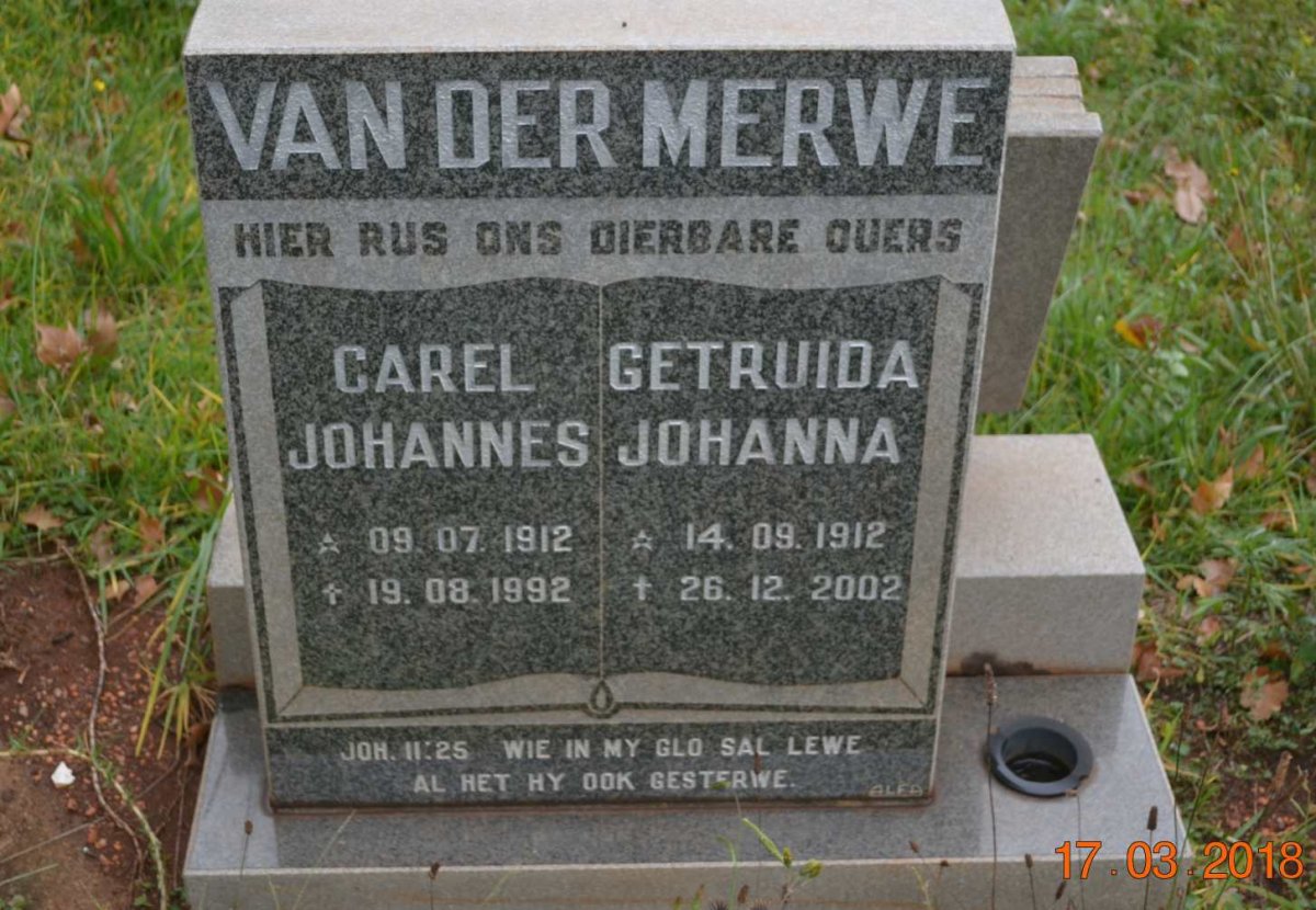 MERWE Carel Johannes, van der 1912-1992 &amp; Getruida Johanna 1912-2002