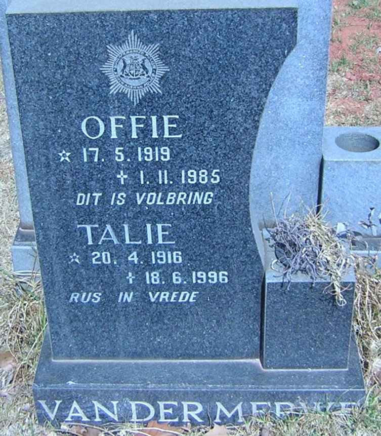 MERWE Offie, van der 1919-1985 &amp; Talie 1916-1996