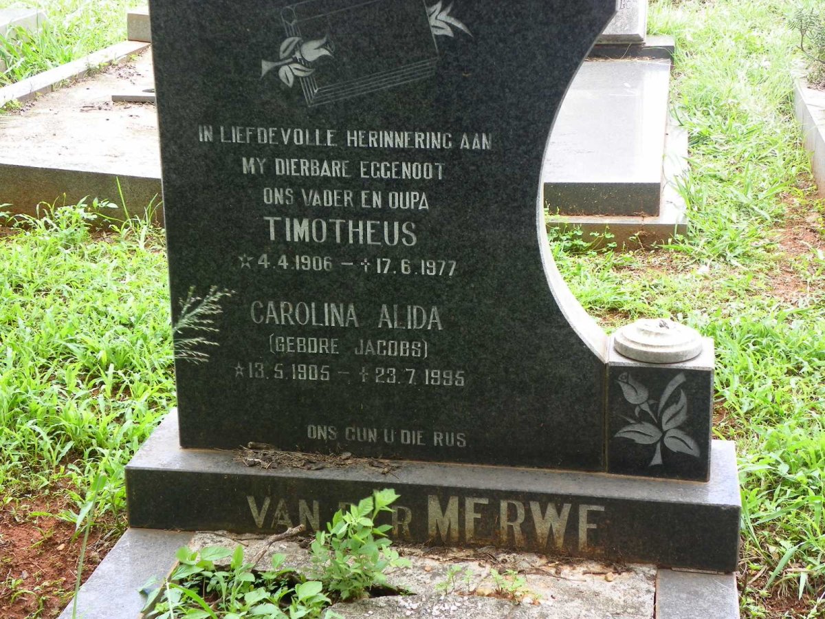 MERWE Timotheus, van der 1906-1977 &amp; Carolina Alida JACOBS 1905-1995