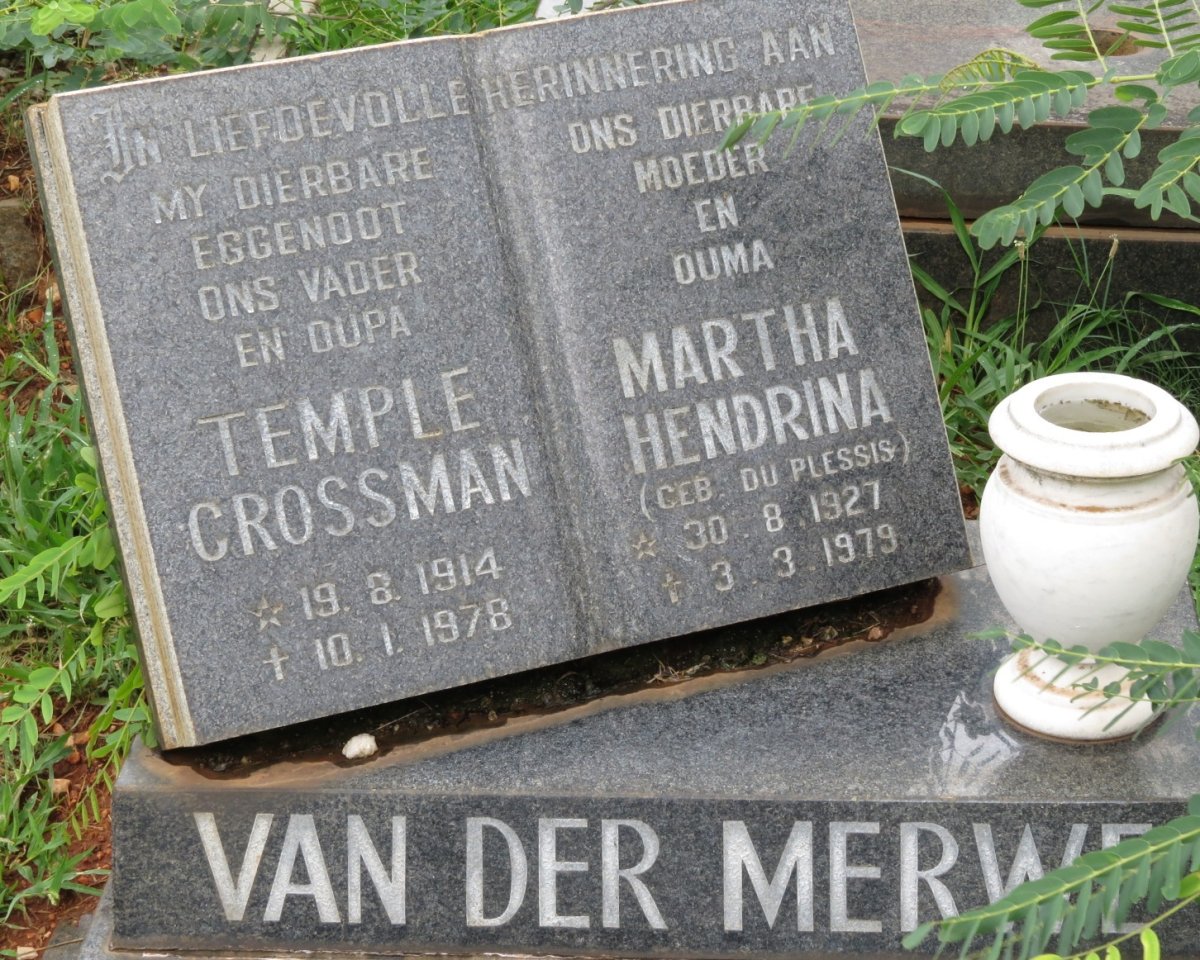 MERWE Temple Crossman, van der 1914-1978 &amp; Martha Hendrina DU PLESSIS 1927-1979