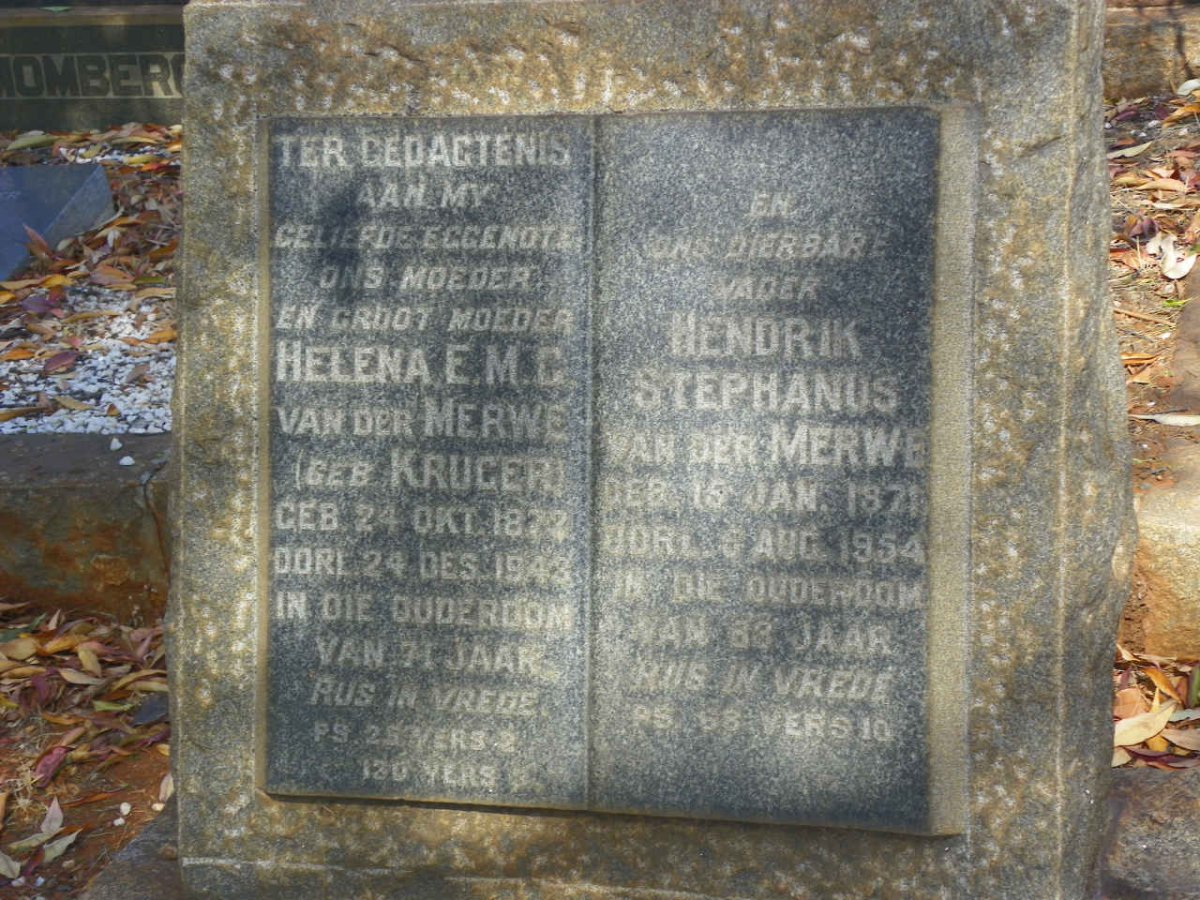 MERWE Hendrik Stephanus, van der 1871-1954 &amp; Helena E.M.C. KRUGER 1872-1943