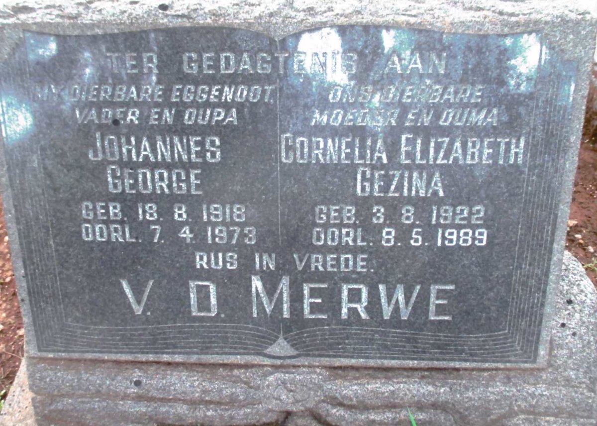 MERWE Johannes George, v.d. 1918-1973 &amp; Cornelia Elizabeth Gezina 1922-1989