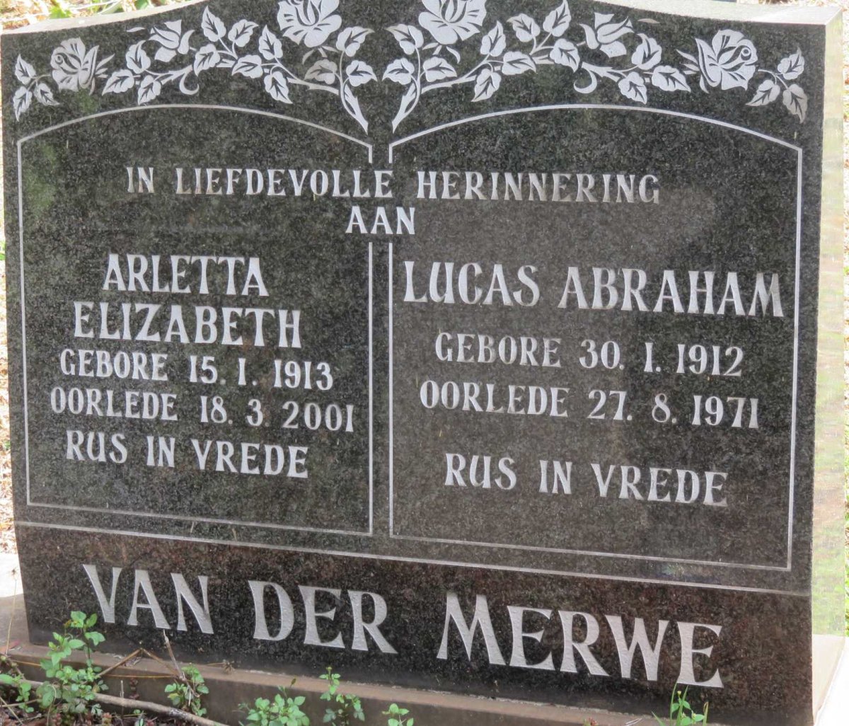 MERWE Lucas Abraham, van der 1912-1971 &amp; Arletta Elizabeth 1913-2001