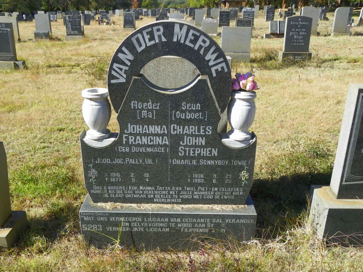 MERWE Johanna Francina, van der nee DUVENHAGE 1916-1977 :: VAN DER MERWE Charles John Stephen 1936-1993