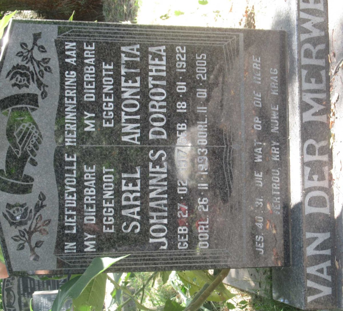 MERWE Sarel Johannes, van der 1917-1993 &amp; Antonetta Dorothea 1922-2005