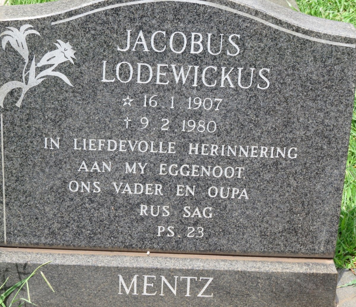 MENTZ Jacobus Lodewickus 1907-1980